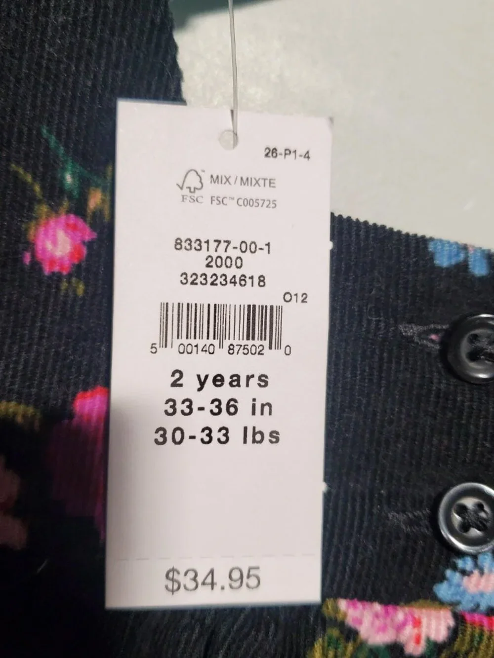 BabyGap Black Corduroy Floral Print Dress NWT sz 2 yrs